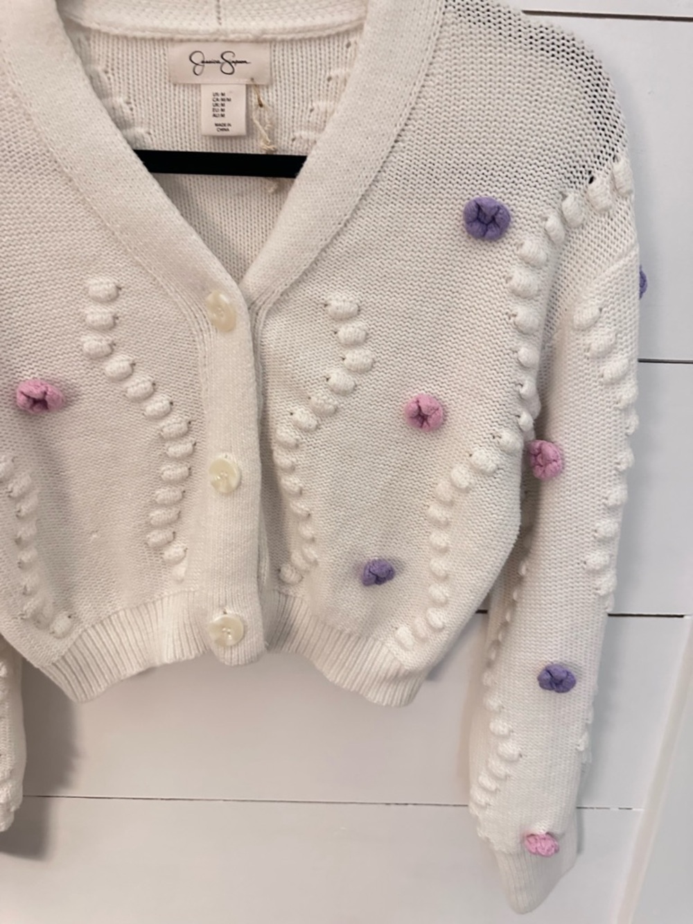 NWOT M Jessica Simpson white crotchet floral crop cotton long sleeve cardigan - Picture 4 of 13